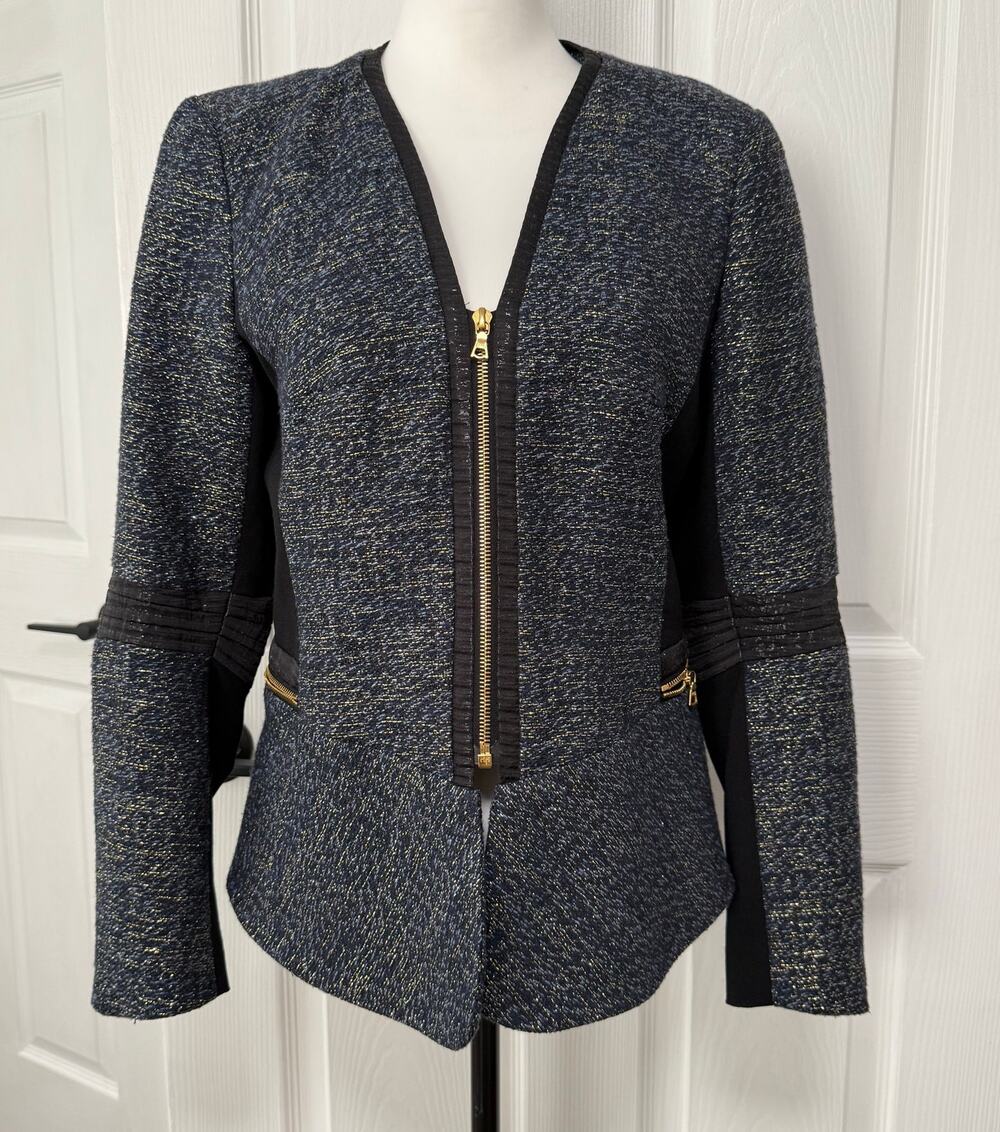 Yoana Baraschi Women's Blue Metallic Contrast Peplum Blazer Jacket Size 8
